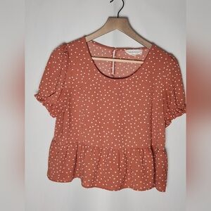 Polka Dot Ruffle Hem Short Sleeve Top - Rust Hippie Rose Medium Polyester